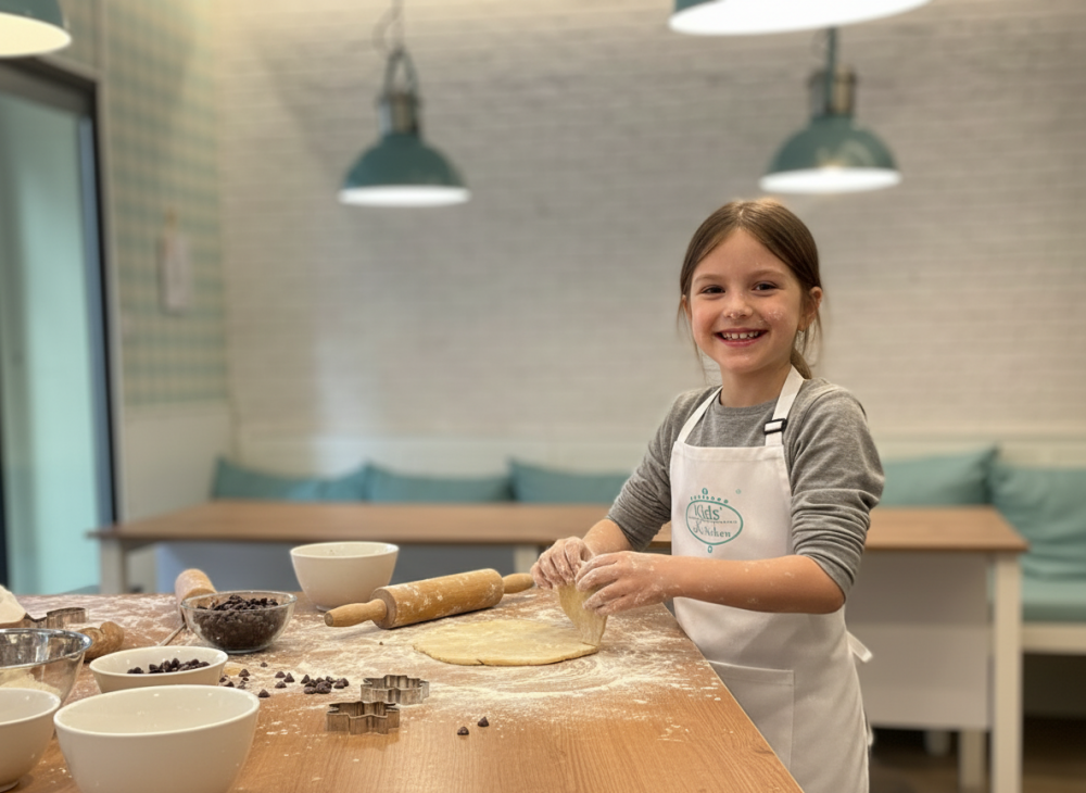 Radosna dziewczynka w białym fartuchu z logo Kids' Kitchen, z mąką na policzku, rozwałkowuje ciasto na drewnianym stole pokrytym mąką