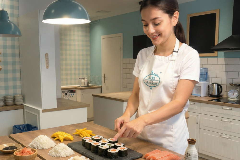 Młoda uśmiechnięta kobieta w fartuchu Kids' Kitchen prezentuje własnoręcznie przygotowane rolki sushi maki na kamiennej desce w nowoczesnej kuchni.