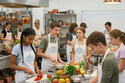 Grupa nastolatków w białych fartuchach z logo Kids' Kitchen przygotowuje wspólnie posiłek w profesjonalnej kuchni